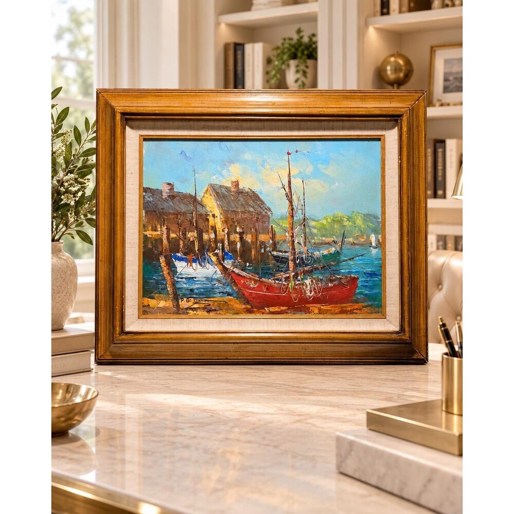 Vintage P.G. Tiele Signed Original Oil Painting Fishing Harbor Framed
